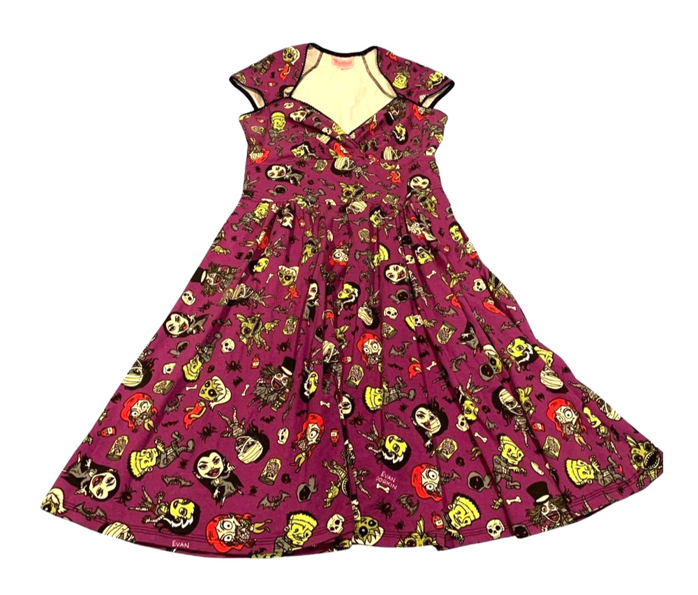 Pinup Couture Womens Halloween Rockabilly Dress Size XL Purple Flared Monsters